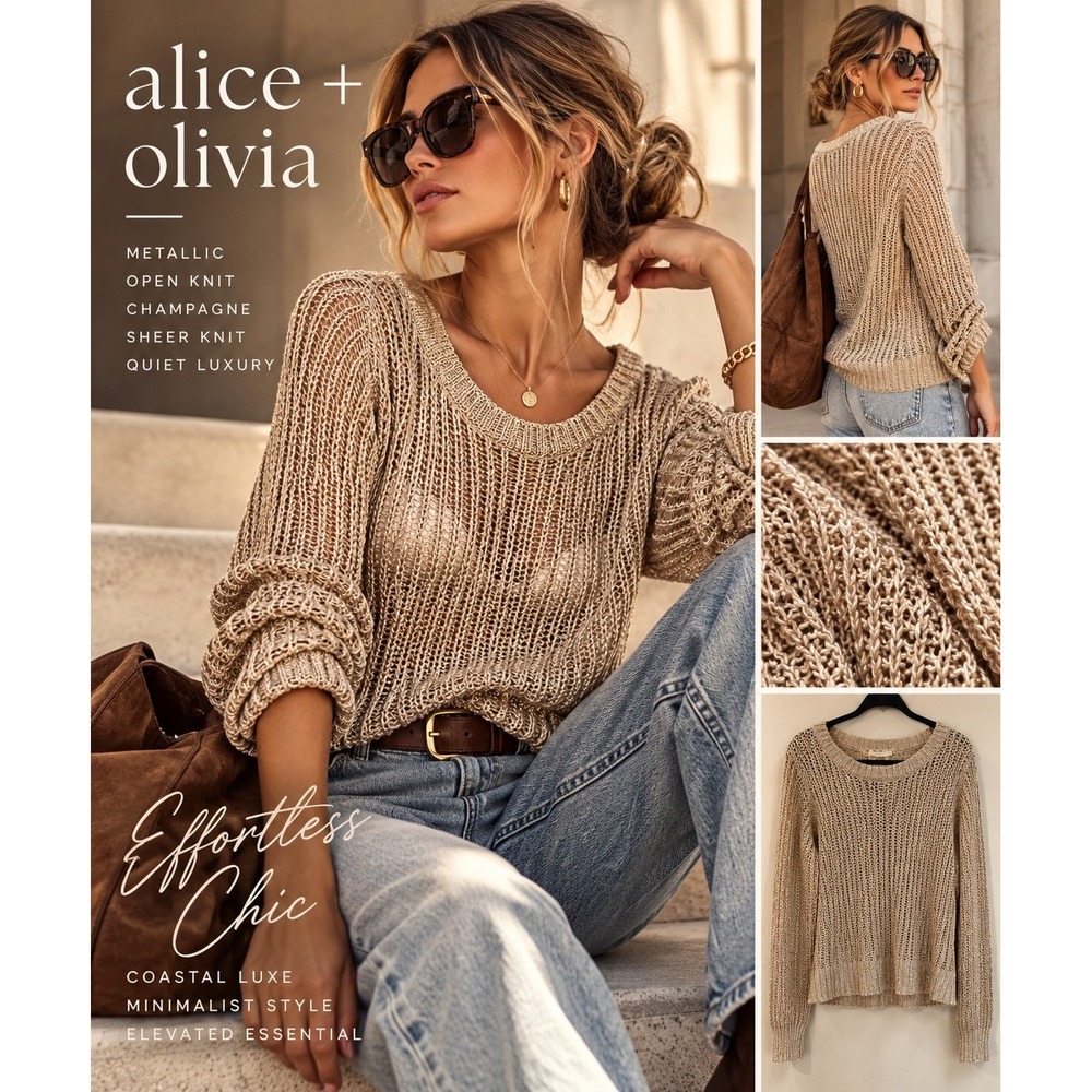 Alice + Olivia Metallic Open Knit Sweater Champagne Sheer Knit Quiet Luxury
